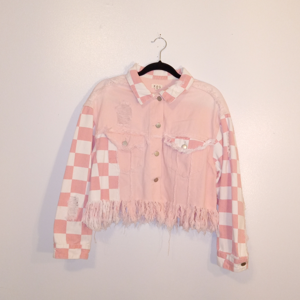 POL Pink Checkered Fringe Jean Jacket